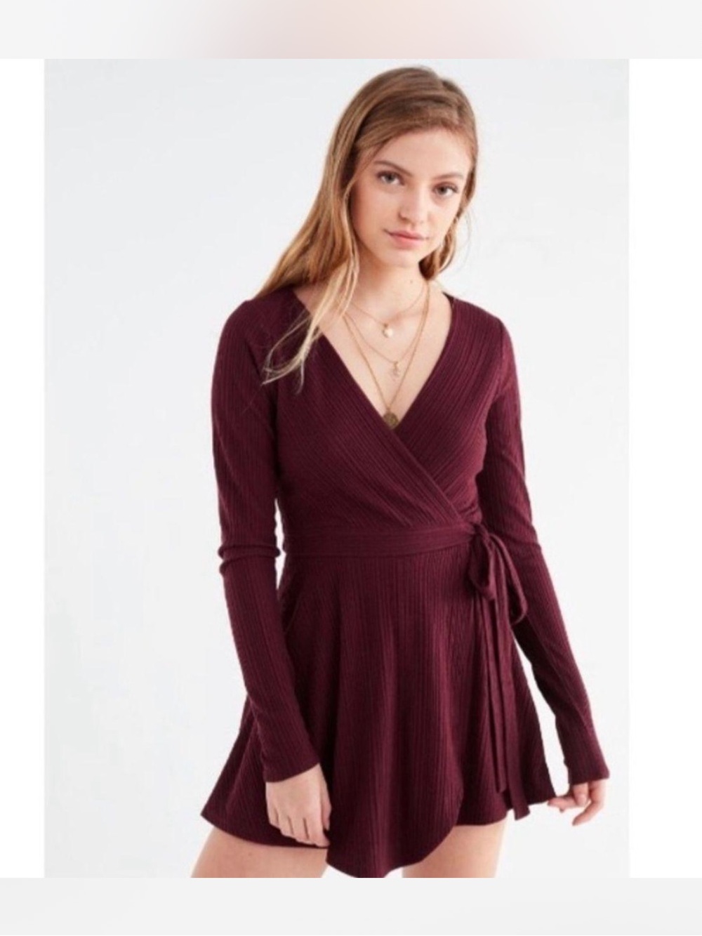 American Eagle Burgundy Ribbed Wrap Long Sleeve Romper